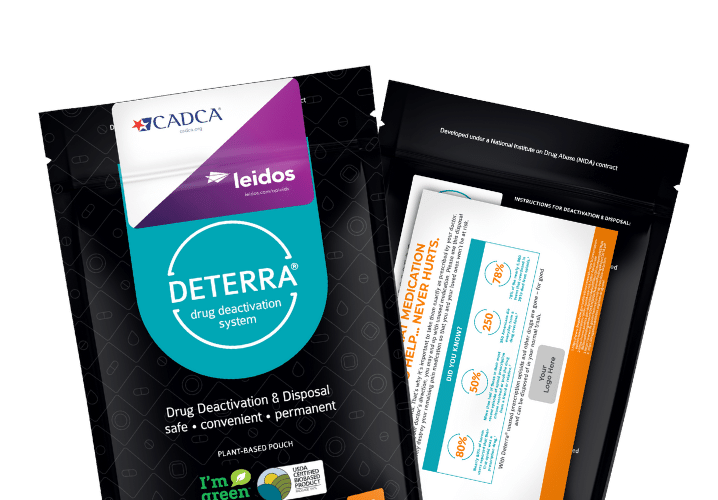 Deterra pouches with labels and postcards