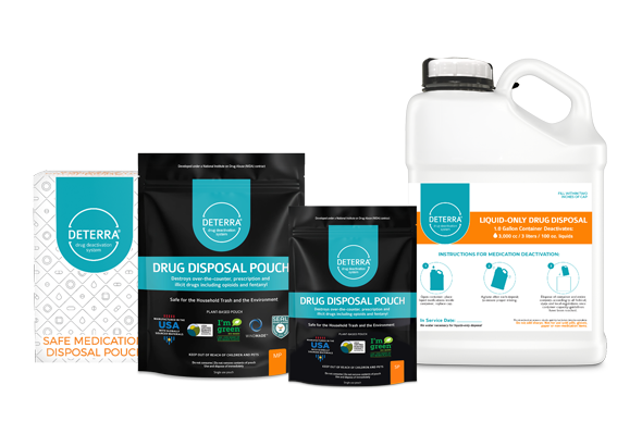 Deterra Drug Disposal Product Group Shot including pouches and a container